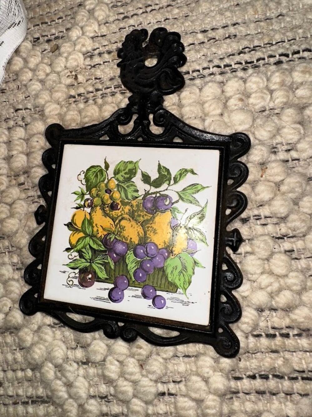 Vintage Ceramic Fruit Tile Trivet Rooster Cast Metal Frame Wall Hanging